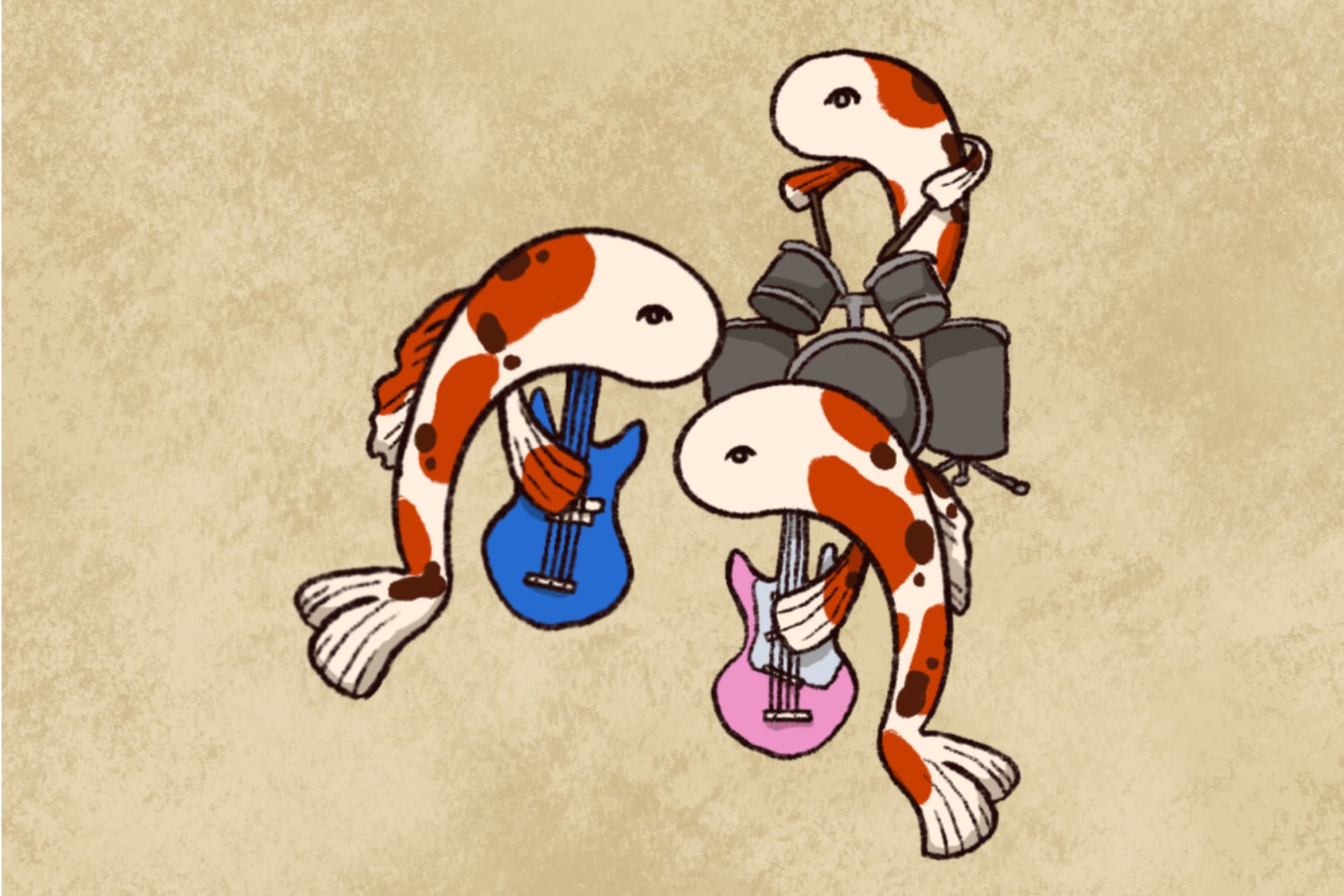 An illustration of 3 koi fish, playing an electric guitar, bass guitar, and drums from The Michigan Daily