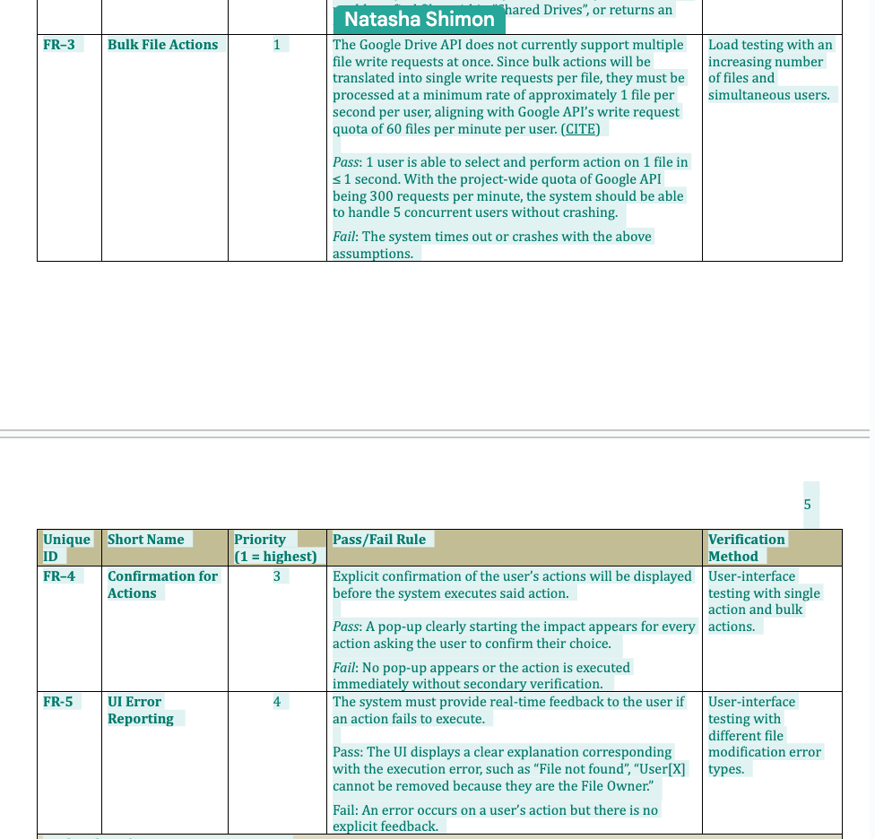 A screenshot of the M-Genie Engineering Requirements in Google Docs with a version history.