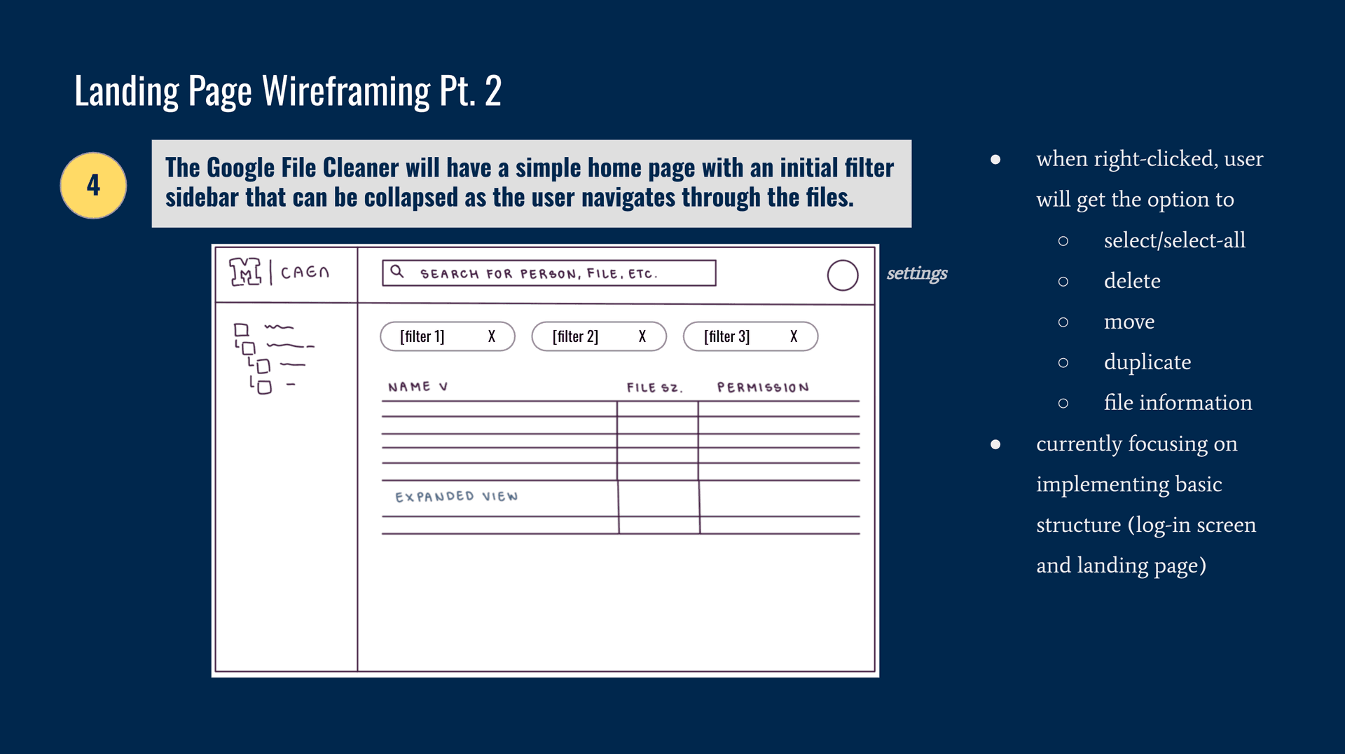 Wireframe of the M-Genie dashboard layout in Google File cleaner, showing file tree and table view